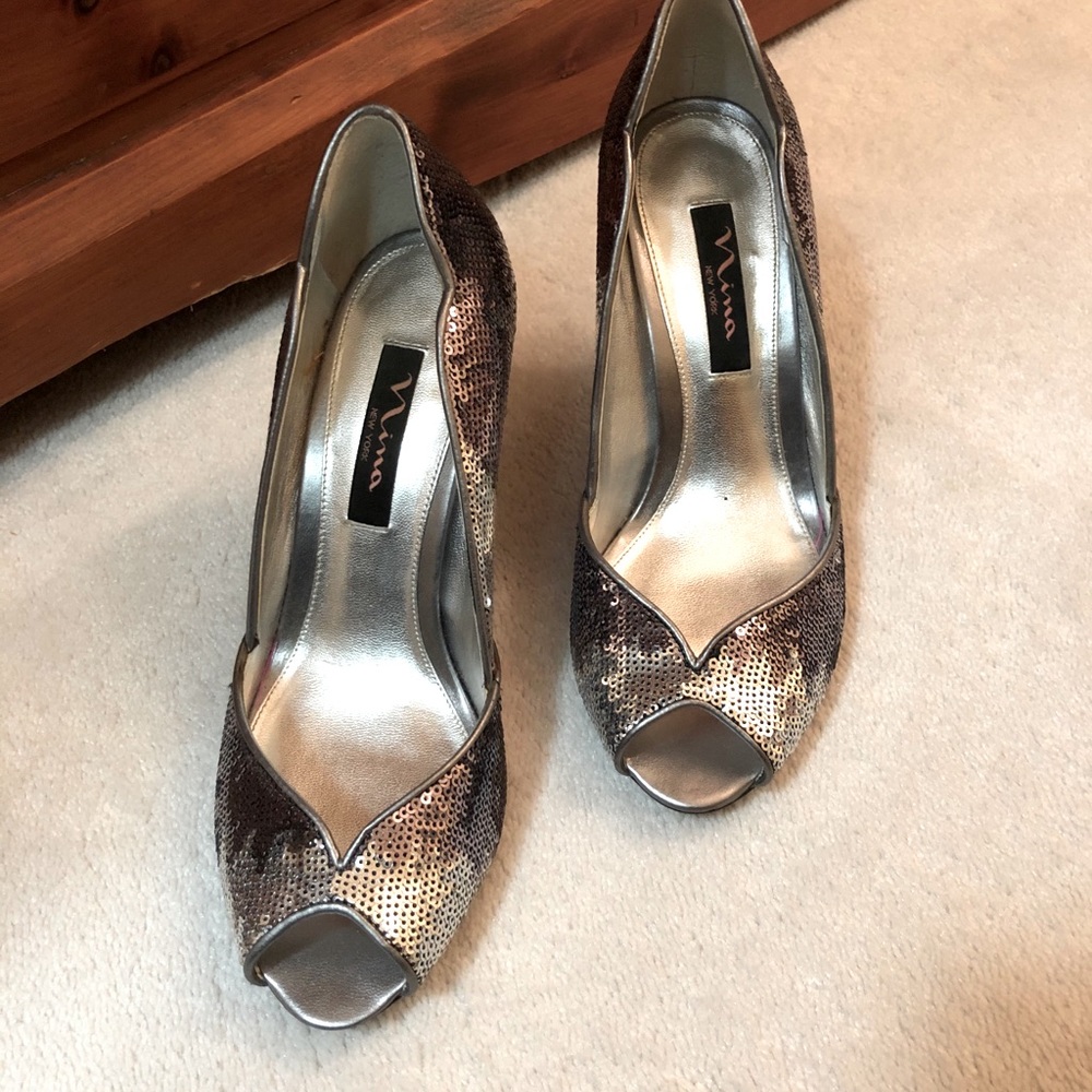 Nina silver and pewter sequined evening shoes